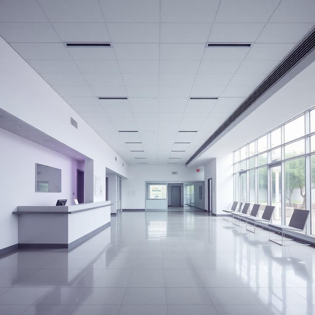 Recepção de clínica moderna, ambiente neutro e organizado