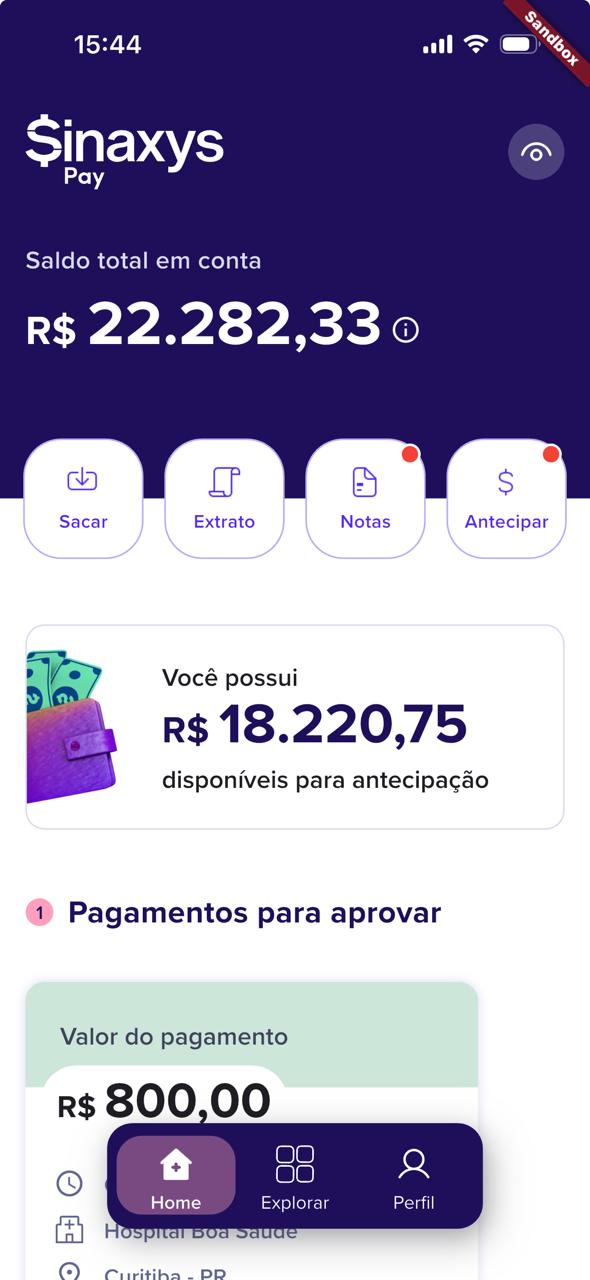 Tela do aplicativo Sinaxys Pay mostrando repasses e antecipação